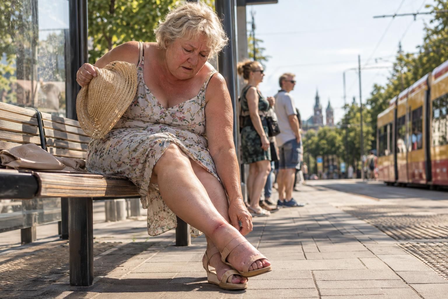 Pani w wieku około 65 lat z opuchniętymi kostkami w upale siedzi na przystanku tramwajowym, trzyma słomkowy kapelusz i poluzowuje zapięcie sandała na spuchniętej kostce